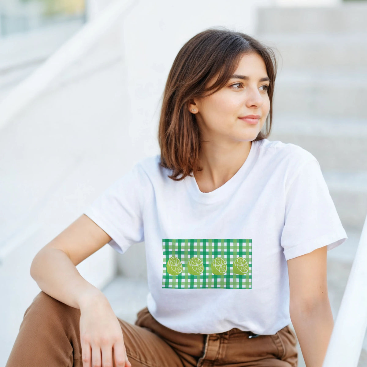 Woman wearing a white lime gingham tee with a green checkered chest panel and lime slices.