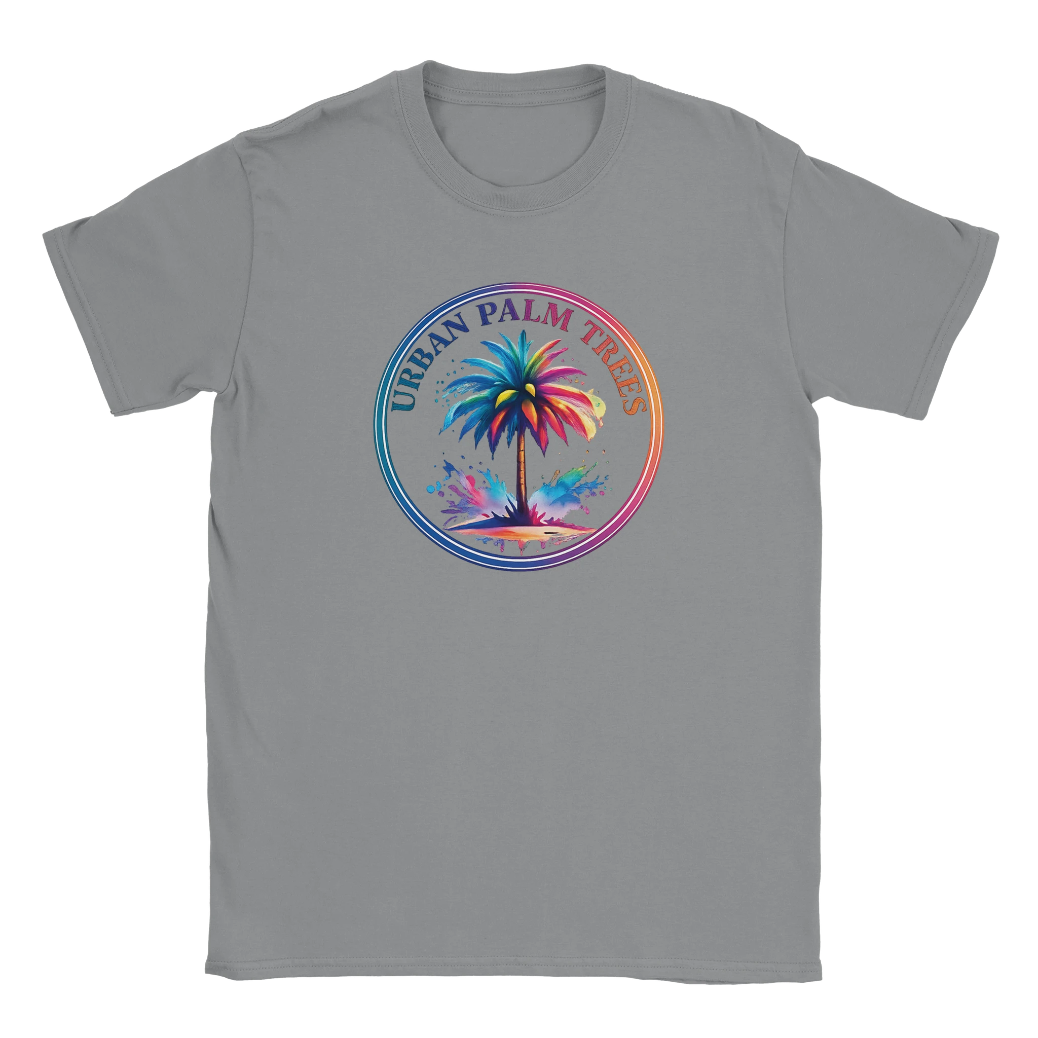 Retro Palm Tree T-Shirt For Women featuring a colorful circular palm graphic on a grey tee.