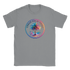 Retro Palm Tree T-Shirt For Women featuring a colorful circular palm graphic on a grey tee.