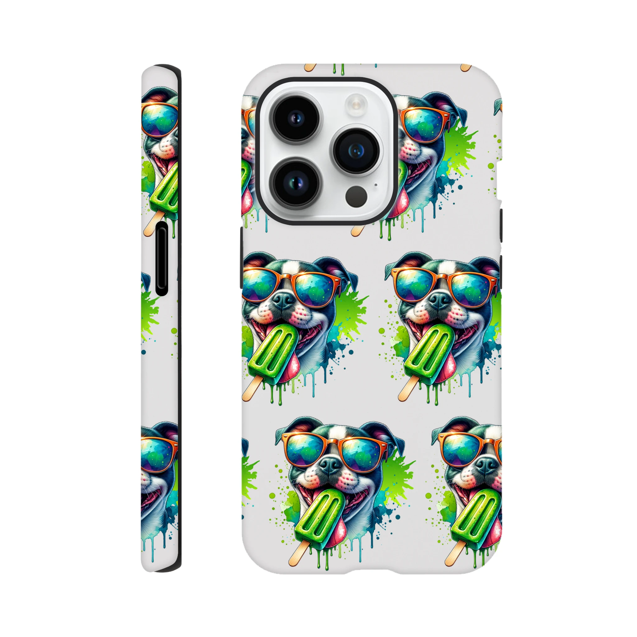Chill Dog Tough Protective Case for iPhone 16–13; dual-layer wraparound print of dogs in sunglasses with popsicles.
