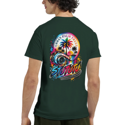 Dark green men's graphic tee featuring a colorful turbocharger, palm trees, and "Urban Palm Trees" modified car culture design on the back.