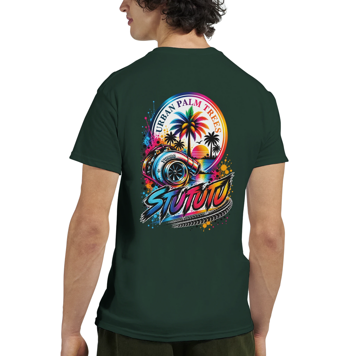 Dark green men's graphic tee featuring a colorful turbocharger, palm trees, and "Urban Palm Trees" modified car culture design on the back.
