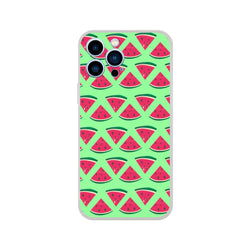 Cute summer watermelon pattern iPhone case with a light green background and red fruit slices. Slim matte finish phone cover for models 13-16.