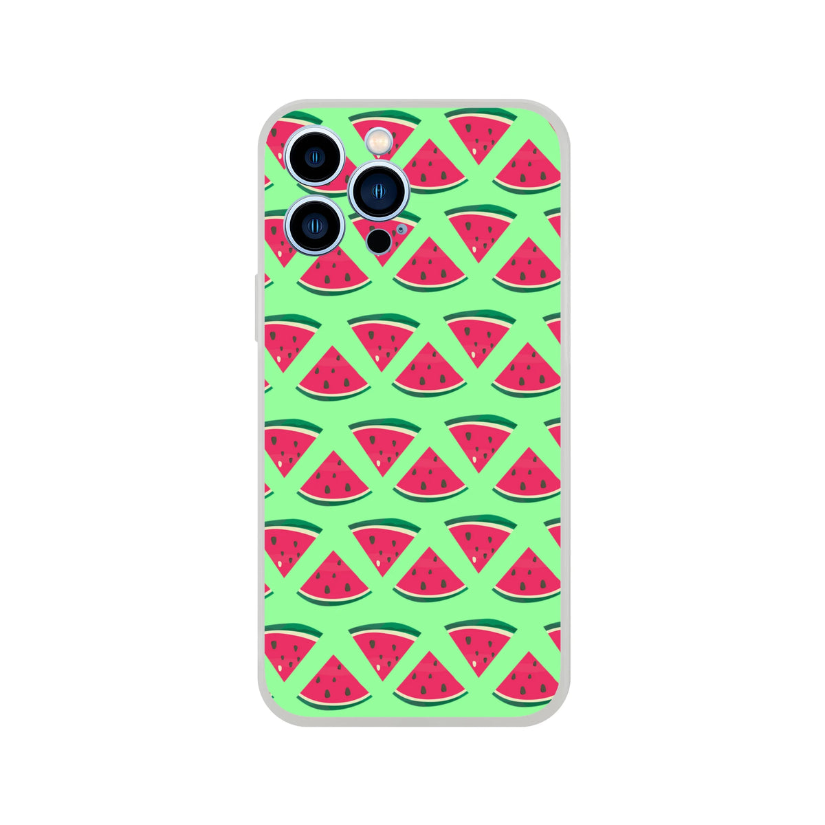 Cute summer watermelon pattern iPhone case with a light green background and red fruit slices. Slim matte finish phone cover for models 13-16.