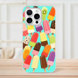 Retro summer popsicle iPhone case featuring colorful ice lolly pattern on turquoise background with shock-absorbing TPU protection.