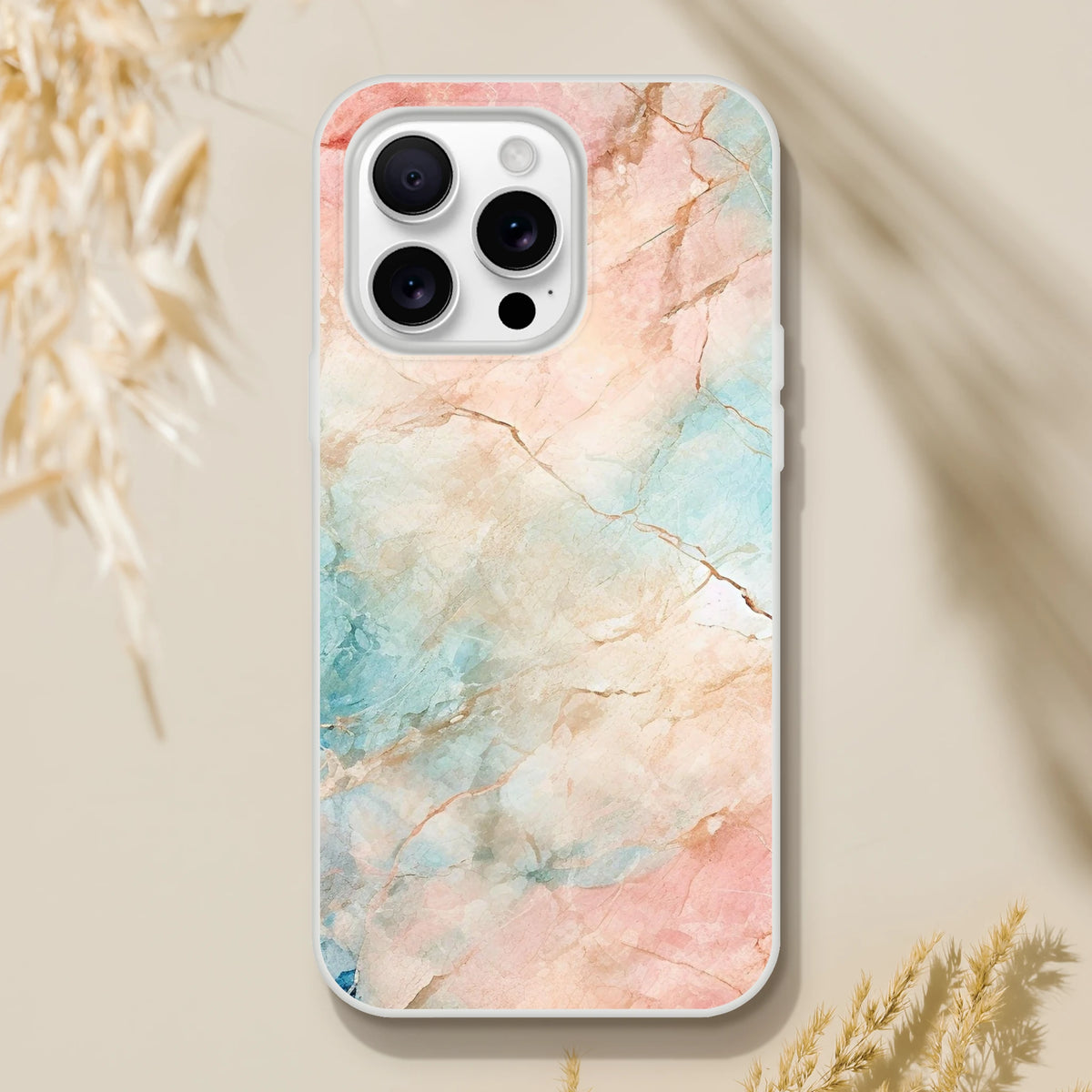 Pastel Marble iPhone Case (13-16) Peach & Aqua Abstract Phone Cover, durable and gallery-ready.