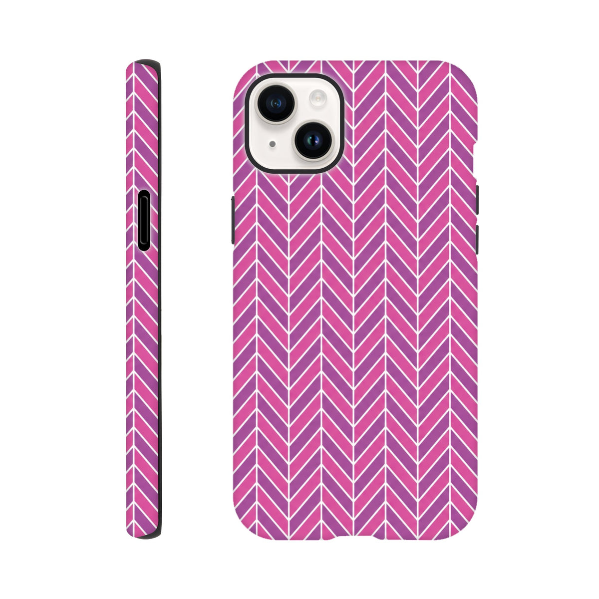 Pink herringbone geometric iPhone case with shock-absorbing TPU and reinforced frame for daily impact resistance.