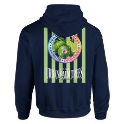 Retro navy hoodie featuring vertical lime green stripes and a large back graphic of fresh limes with Urban Palm Trees Apparel text.