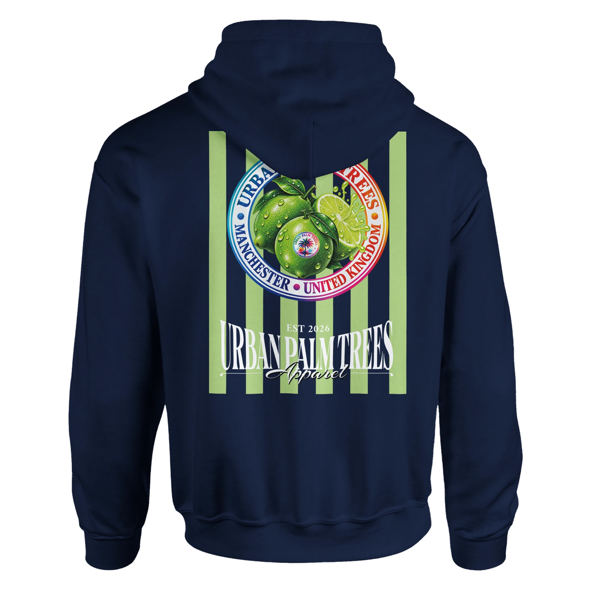 Retro navy hoodie featuring vertical lime green stripes and a large back graphic of fresh limes with Urban Palm Trees Apparel text.