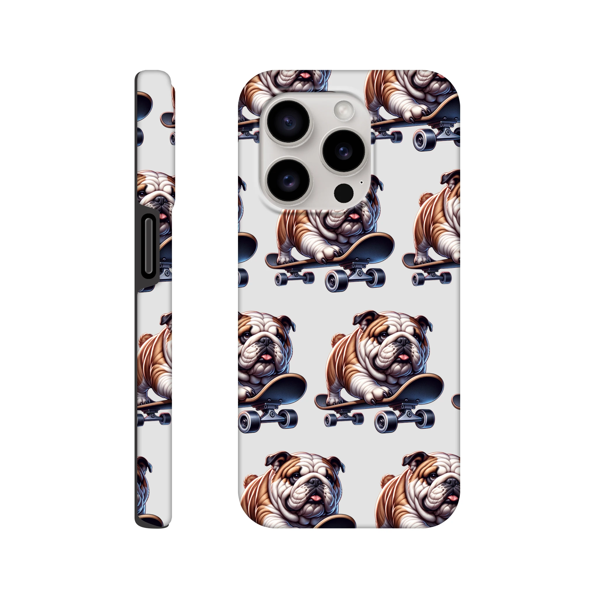 British Bulldog dual-layer protective phone case for iPhone 16/15/14/13 with wraparound bulldog pattern.