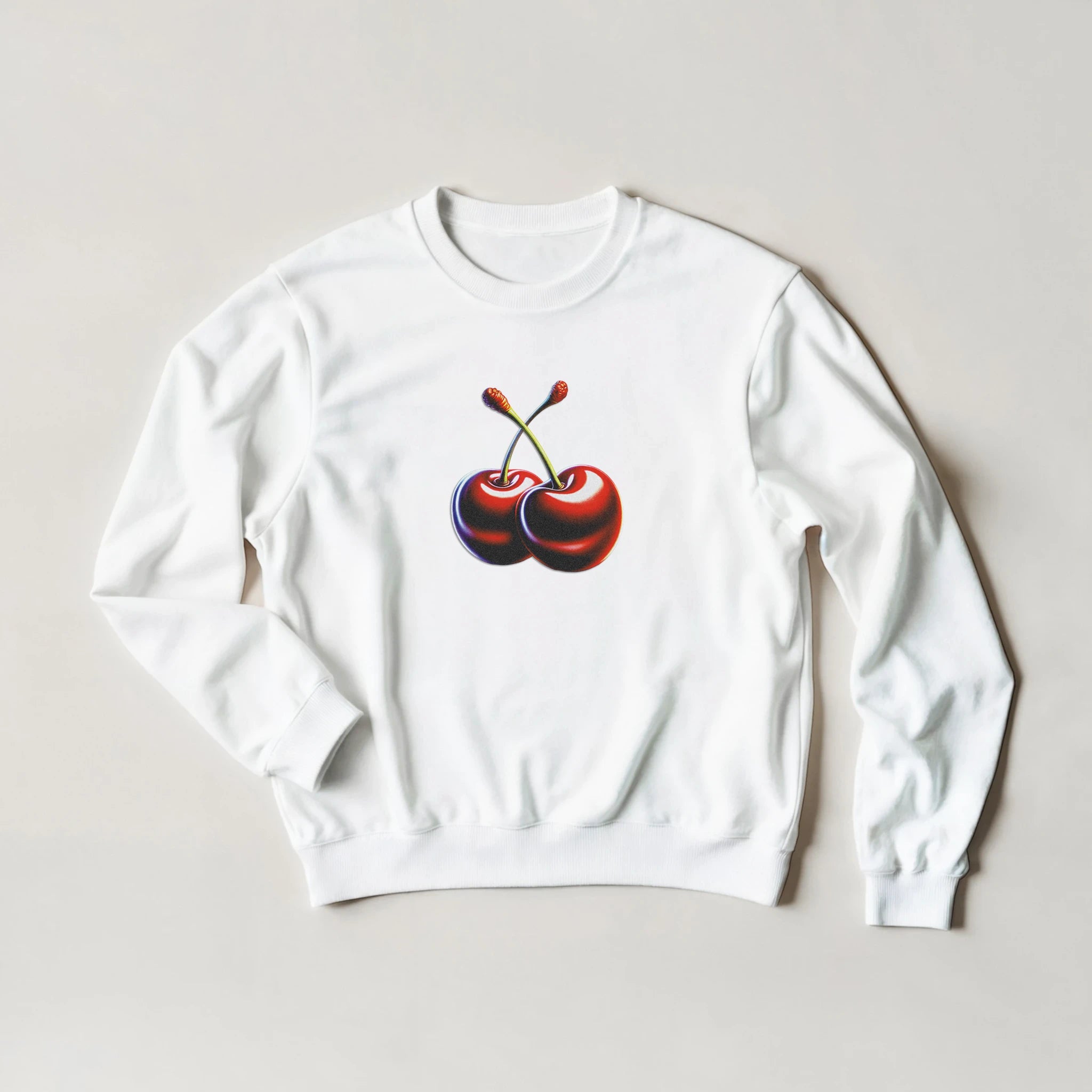 Cherries Jumper women's graphic sweatshirt in white with red cherry print; soft 50/50 cotton/polyester blend.