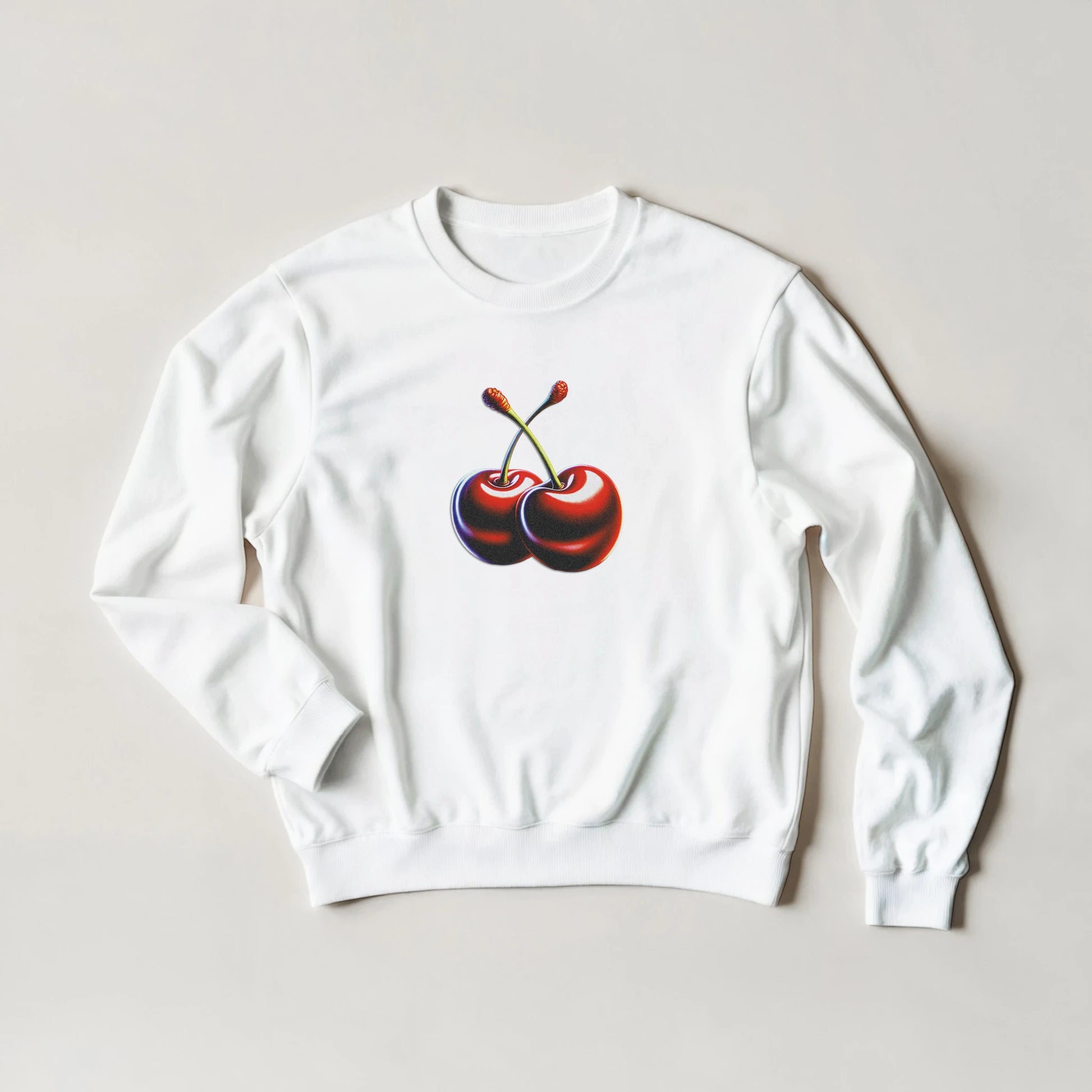 Cherries Jumper women's graphic sweatshirt in white with red cherry print; soft 50/50 cotton/polyester blend.