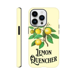 Vintage cream iPhone case featuring a retro lemon botanical illustration and ornate "Lemon quencher" typography for a street-ready aesthetic.