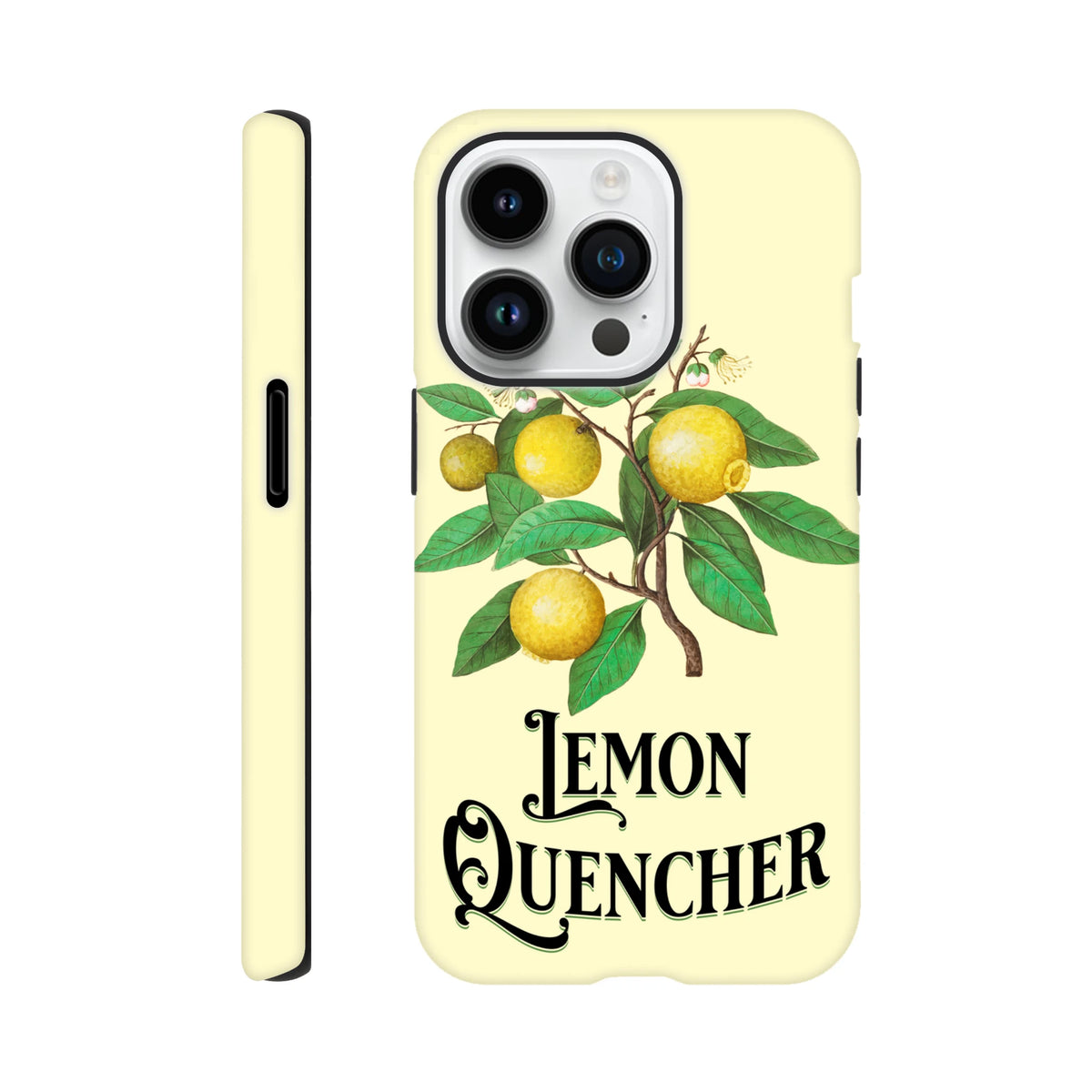 Vintage cream iPhone case featuring a retro lemon botanical illustration and ornate "Lemon quencher" typography for a street-ready aesthetic.