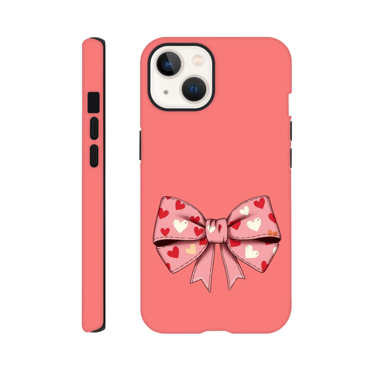 Pink iPhone case featuring a large heart-patterned bow graphic. Cute coquette style tough phone cover for street-smart creators.