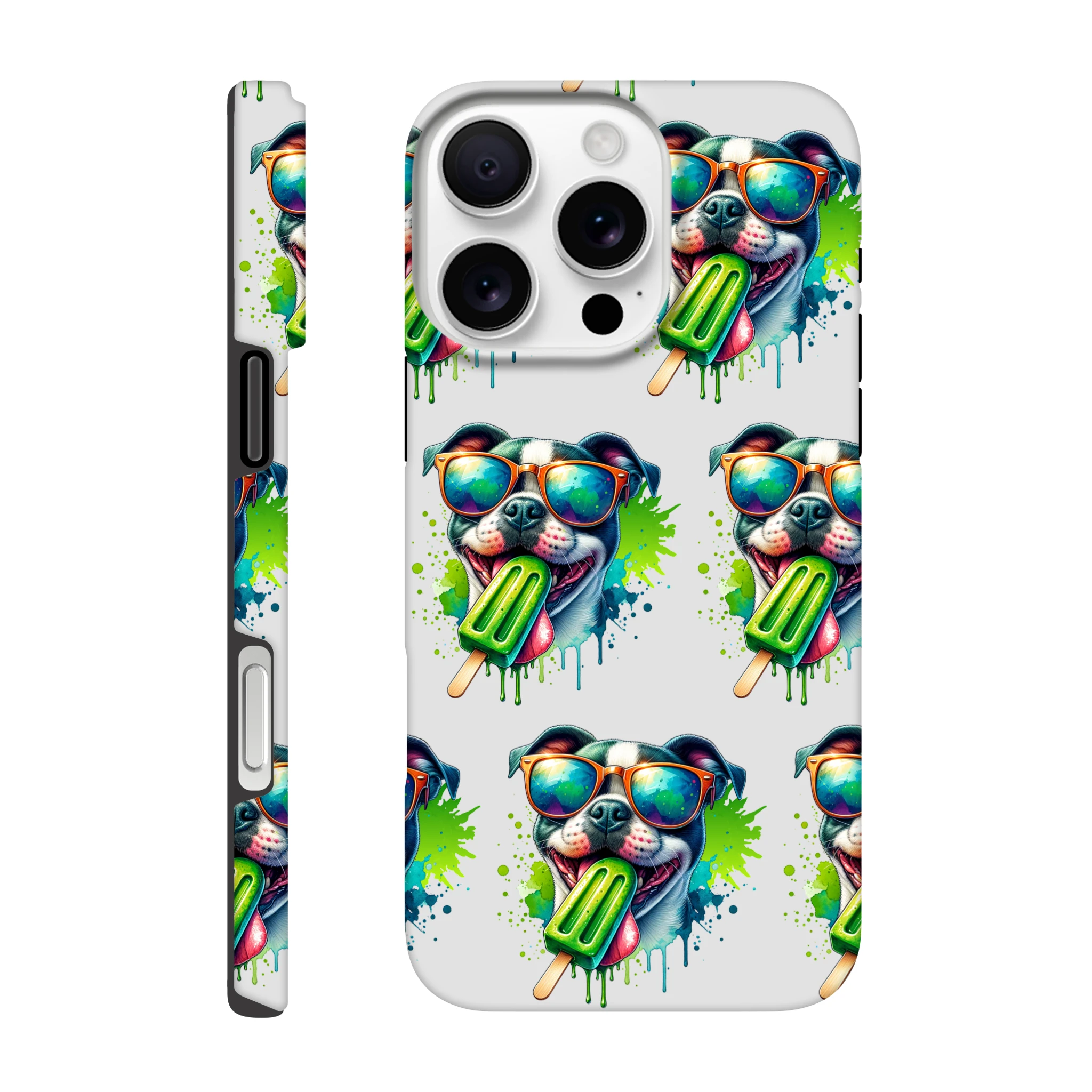 Chill Dog iPhone case with wraparound colorful dog wearing sunglasses and green popsicle artwork.