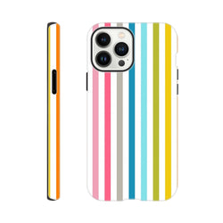 Retro rainbow vertical stripe tough phone case for iPhone 13-16. Vibrant pink, blue, yellow, and orange stripes offer streetwear style protection.