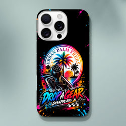 Vibrant iPhone case featuring a manual gear shifter, palm trees, and "Drop A Gear" graffiti text against a colorful sunset backdrop.