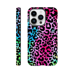 Vibrant rainbow leopard print tough iPhone case providing drop protection and bold animal print style.