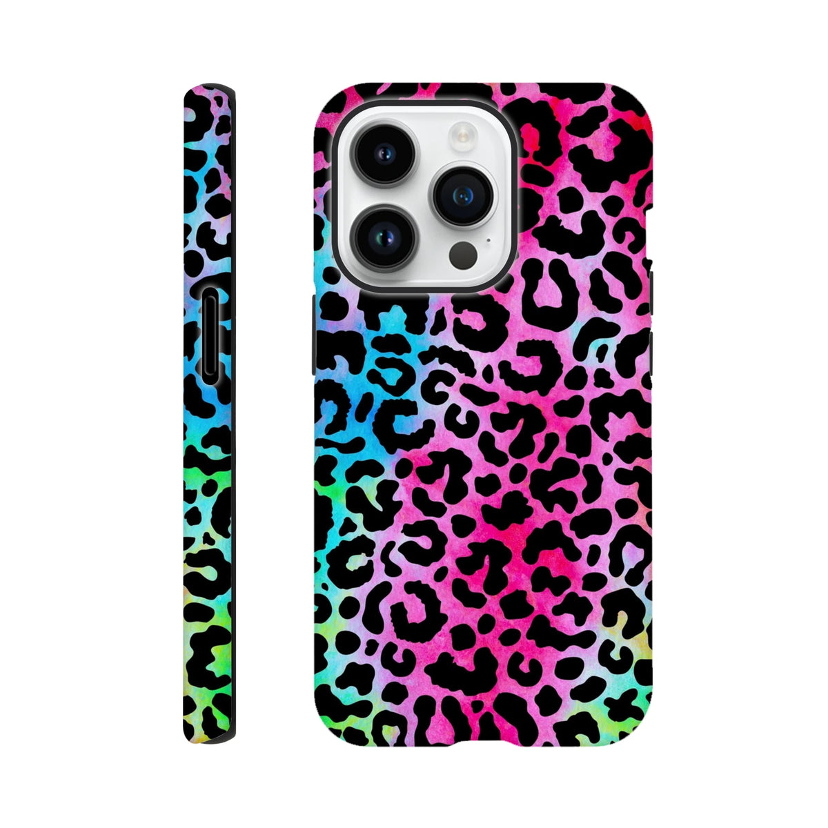 Vibrant rainbow leopard print tough iPhone case providing drop protection and bold animal print style.