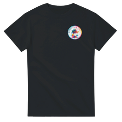 Black short sleeve tee featuring a colorful circular Urban Palm Trees graphic on the chest, perfect for tropical retro summer style.