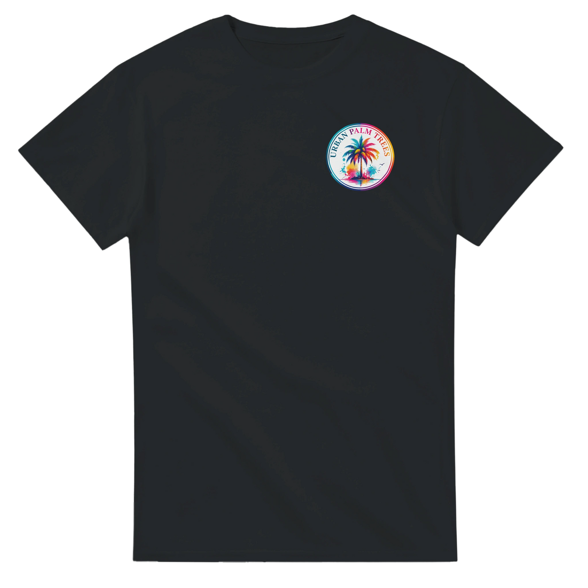 Black short sleeve tee featuring a colorful circular Urban Palm Trees graphic on the chest, perfect for tropical retro summer style.
