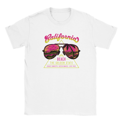 White women's T-shirt with a retro Y2K California beach graphic and pink gradient text with sunglasses.