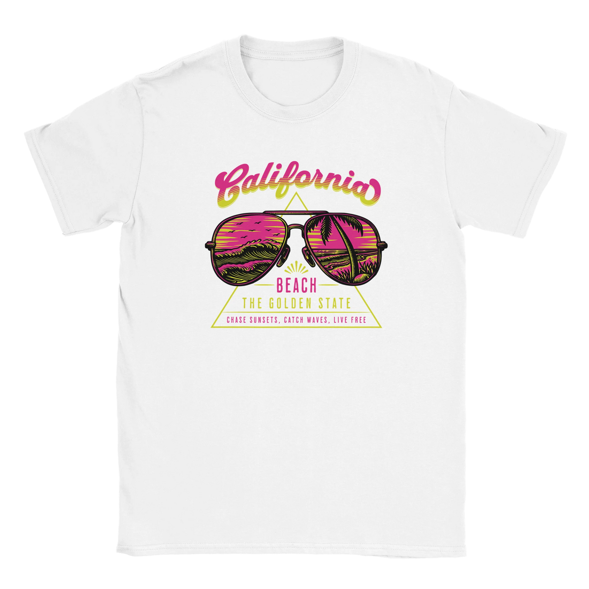 White women's T-shirt with a retro Y2K California beach graphic and pink gradient text with sunglasses.