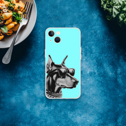 Cool Dog iPhone case in turquoise with a sunglasses-wearing dog, retro aesthetic, fits iPhone 13–16.