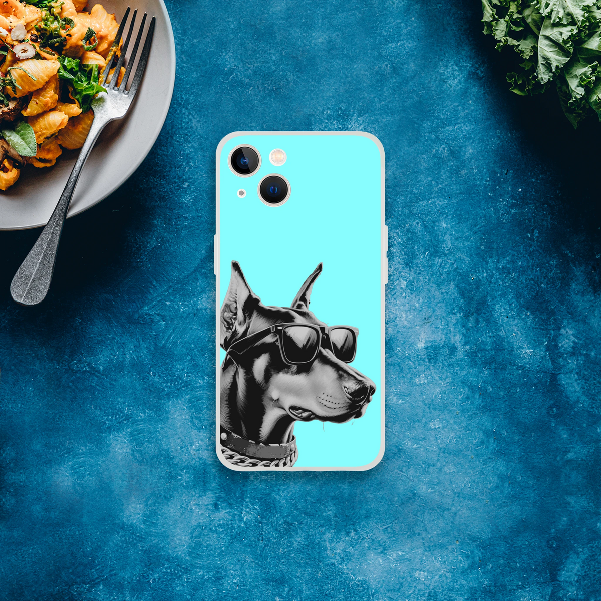 Cool Dog iPhone case in turquoise with a sunglasses-wearing dog, retro aesthetic, fits iPhone 13–16.