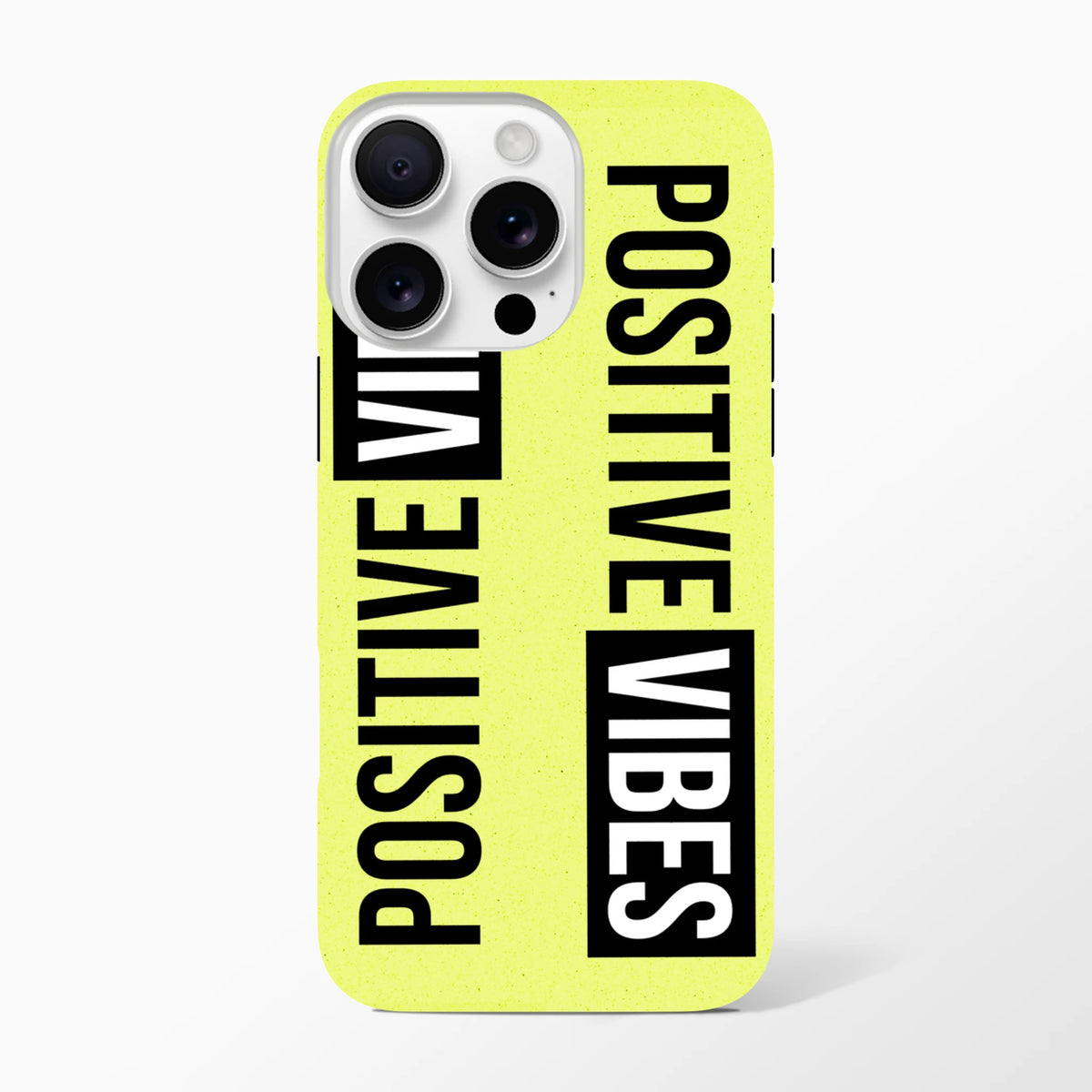 Yellow tough iPhone case featuring bold black and white "POSITIVE VIBES" slogan text with a streetwear graphic design.