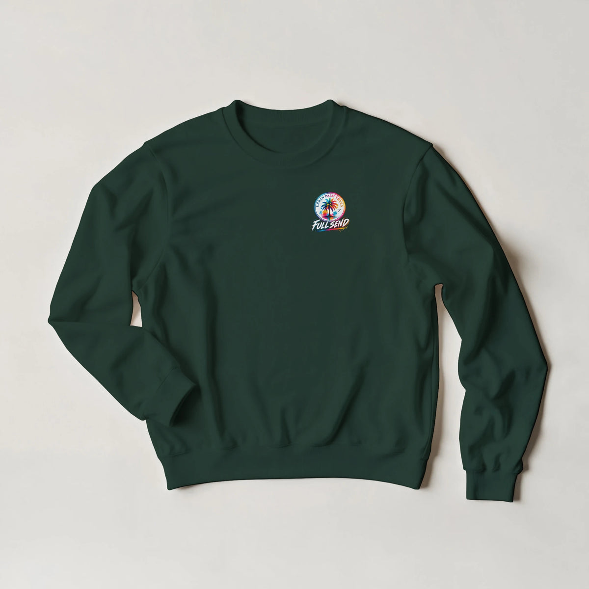 Dark green crewneck sweatshirt featuring a colorful Urban Palm Trees Full Send graphic on the chest.