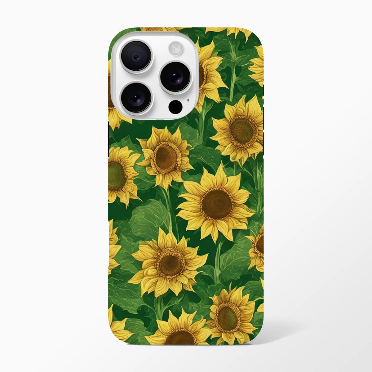 Vibrant sunflower phone case featuring bold yellow blooms and green leaves on a dark background for iPhone 13-16 drop protection.