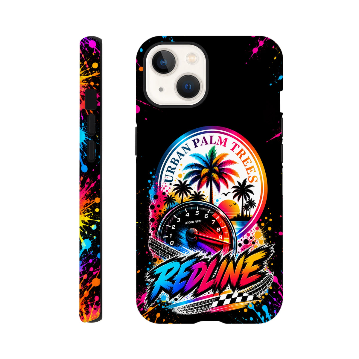 Redline iPhone case with Urban Palm Trees RPM gauge graphic, neon paint splatters, and wraparound modified car culture design.