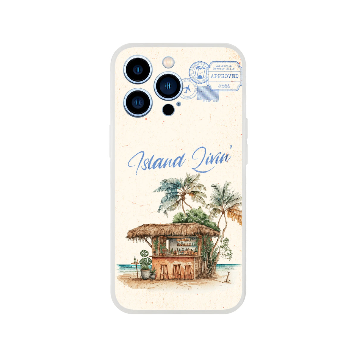Vintage postcard iPhone case with Island Holiday design, palm trees and retro stamps for iPhone 13-16