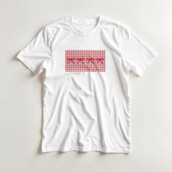 White T-shirt with red gingham square and pink bows, Cute Red Bow Gingham T-Shirt for Women, Coquette aesthetic tee.