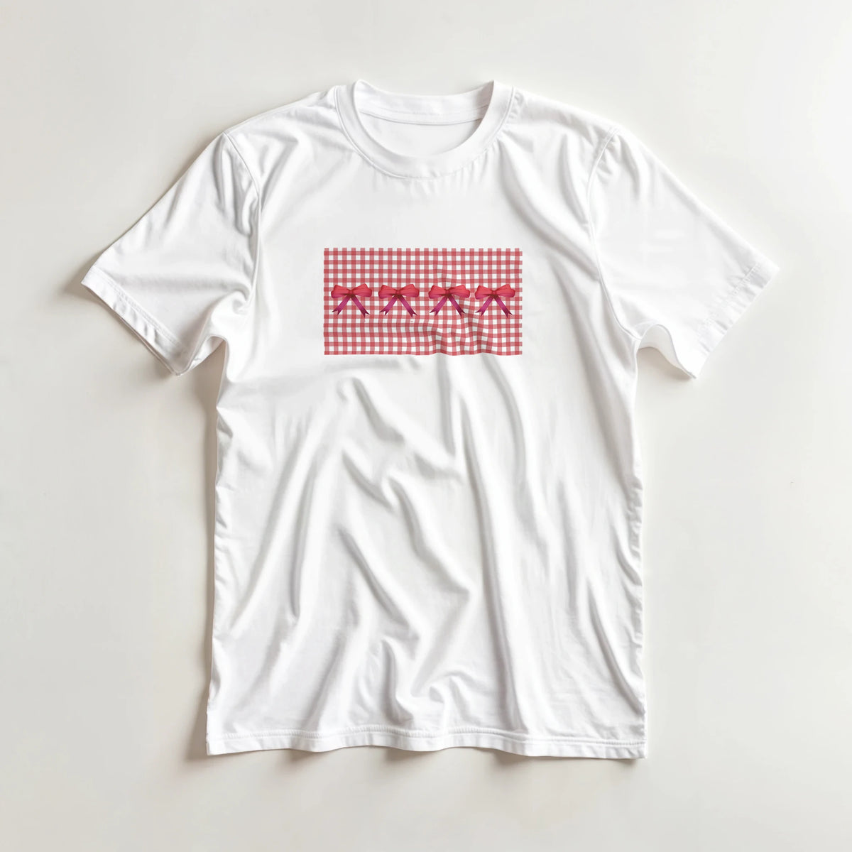 White T-shirt with red gingham square and pink bows, Cute Red Bow Gingham T-Shirt for Women, Coquette aesthetic tee.