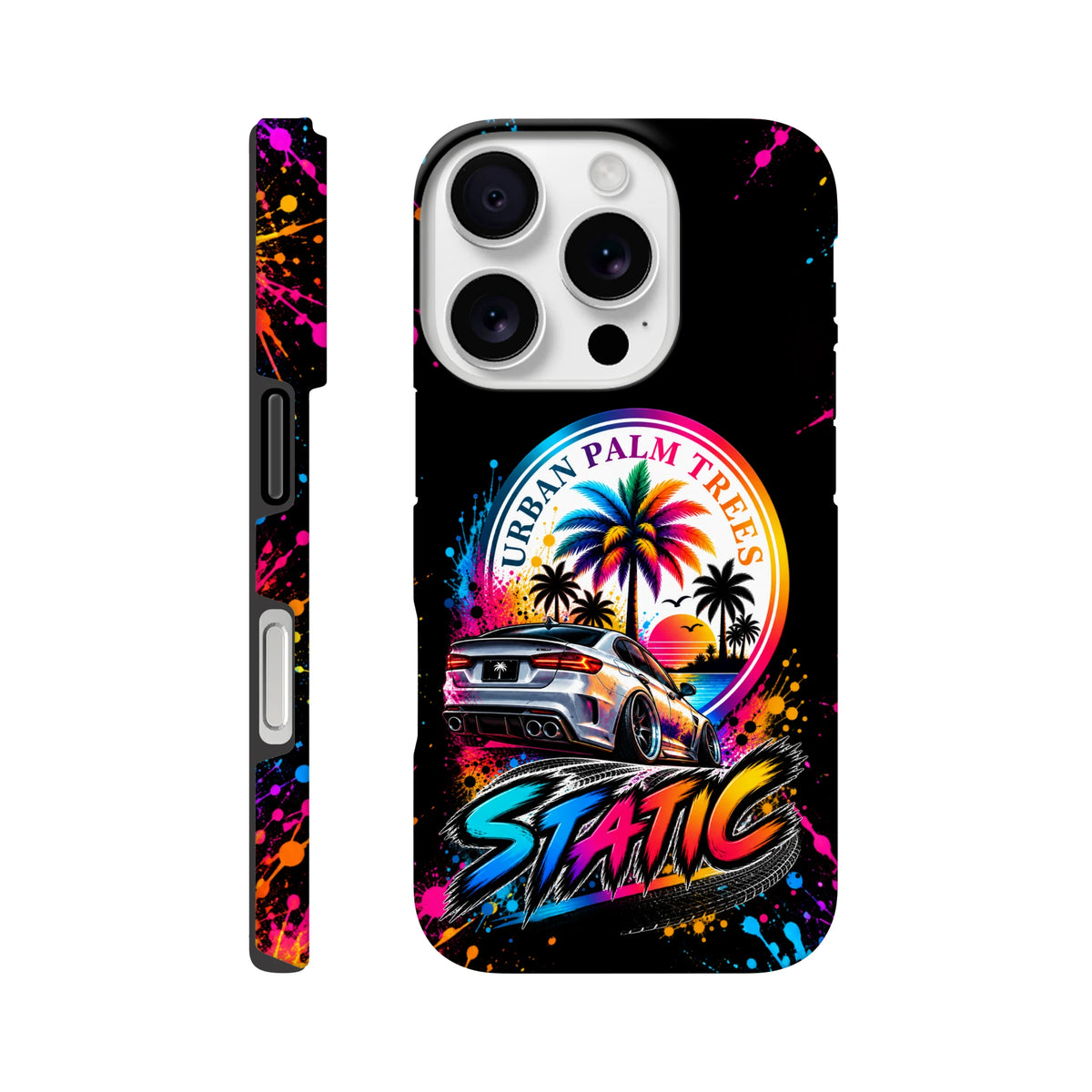 Colorful iPhone case featuring a slammed car, palm trees, and Urban Palm Trees text with bold paint splatters.