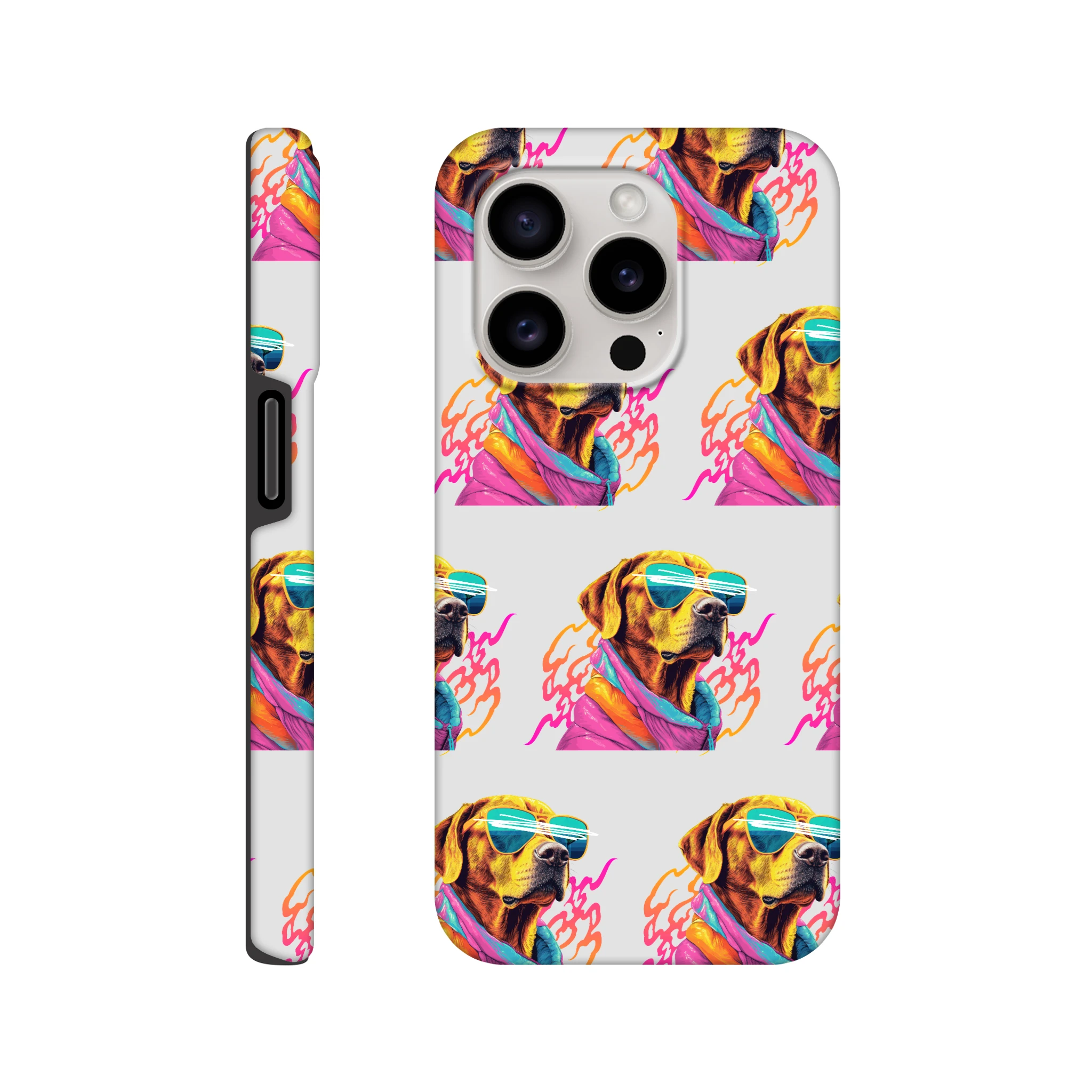 Tough dual-layer iPhone case for 16/15/14/13 with wraparound neon dog print and sunglasses.