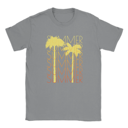 Gray women's t-shirt with yellow palm trees and stacked SUMMER text in retro style.