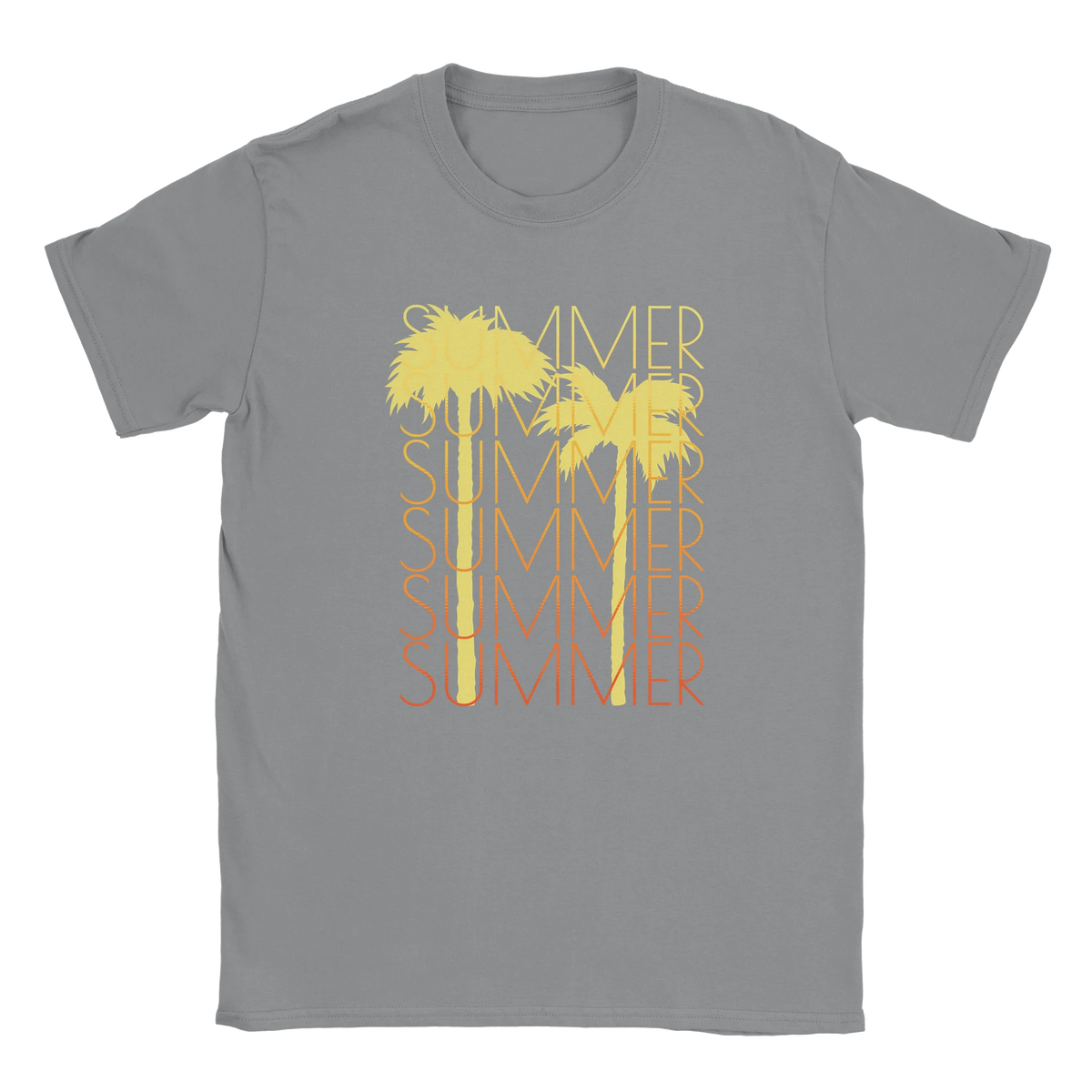 Gray women's t-shirt with yellow palm trees and stacked SUMMER text in retro style.