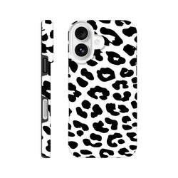 Black and white snow leopard print iPhone case with seamless wrap-around design and shock-absorbing protection for daily use.