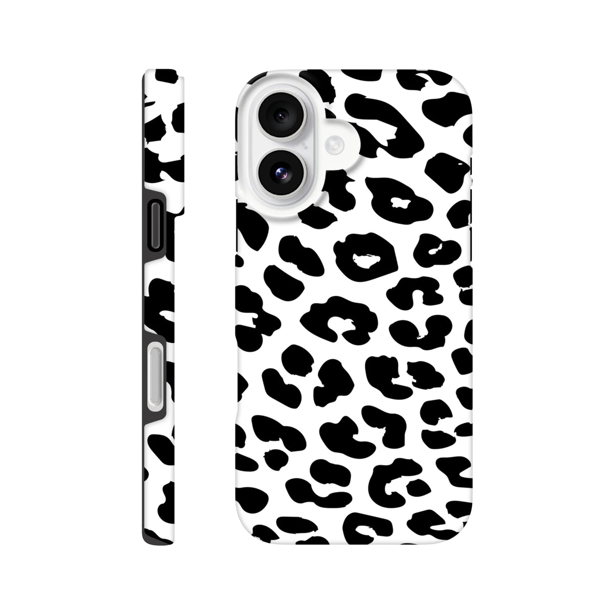 Black and white snow leopard print iPhone case with seamless wrap-around design and shock-absorbing protection for daily use.