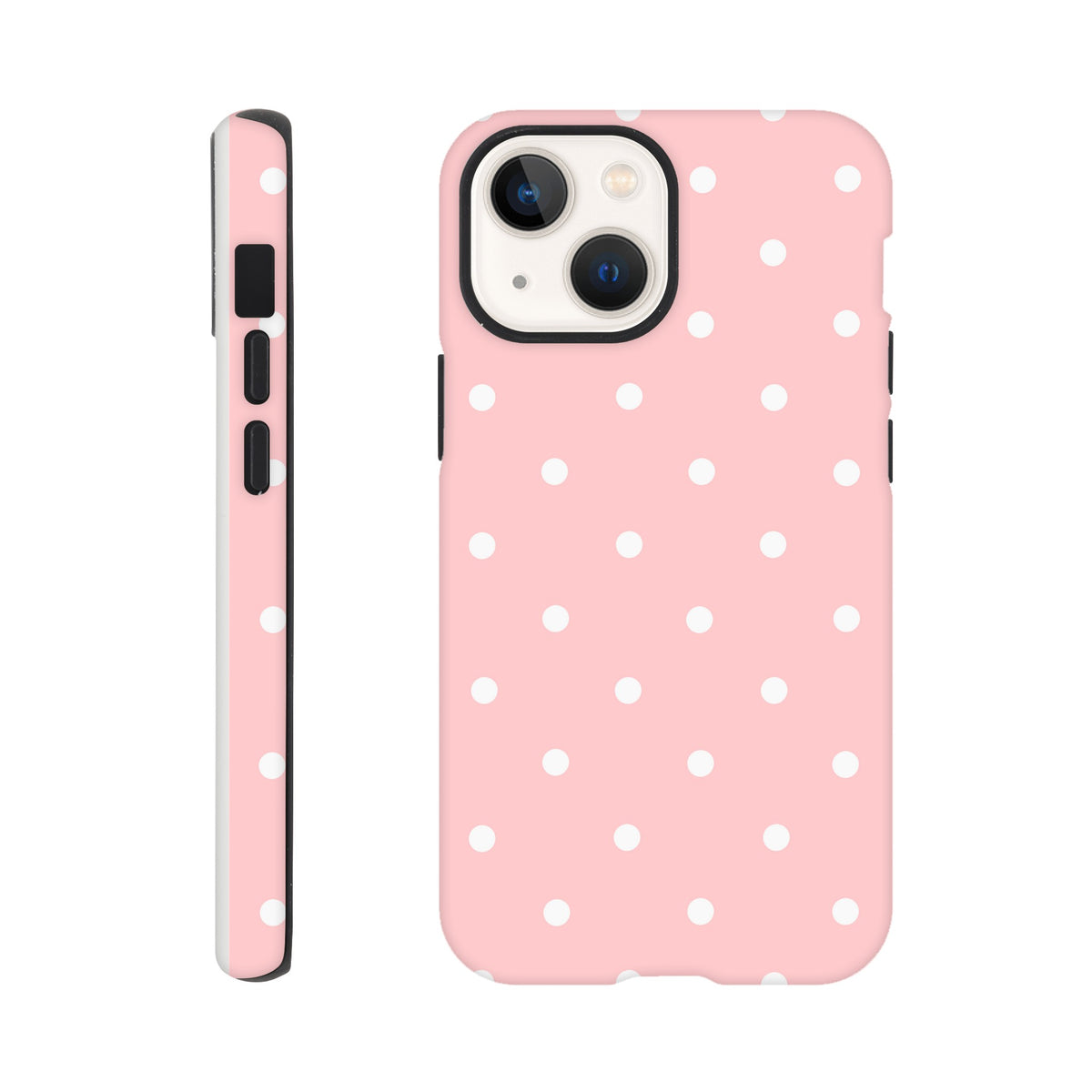 Pastel pink iPhone case with white polka dots. Tough dual-layer shock-absorbing cover with black bumper for drop protection.