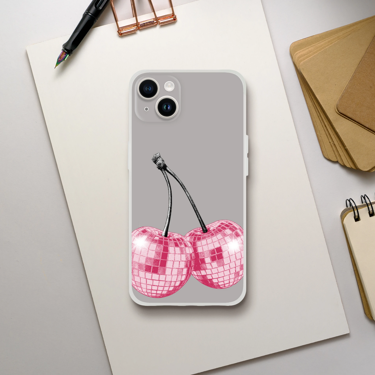 Y2K Glitter Cherries iPhone case (13-16) with black line-drawn cherry on gray background.