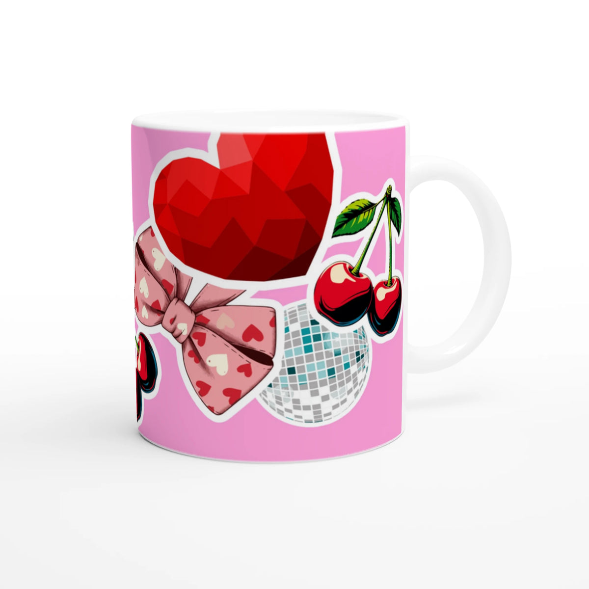 Cute Coquette ceramic mug with pink background featuring bows, cherries, and hearts.