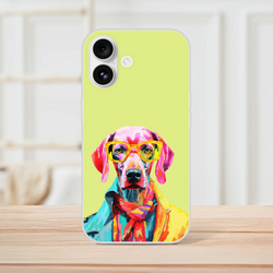 Funny dog illustration on lime-green iPhone case for iPhone 13-16 with colorful sunglasses