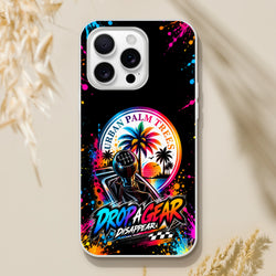 Black iPhone case featuring a colorful paint splatter design with a manual gear shift, retro palm trees, and "DROP A GEAR" text.