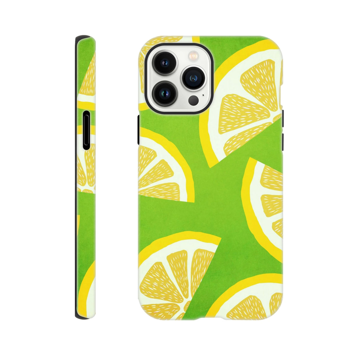 Green iPhone case featuring bold yellow lemon slices. Shock-absorbing citrus fruit phone cover for urban commutes and curb drop protection.