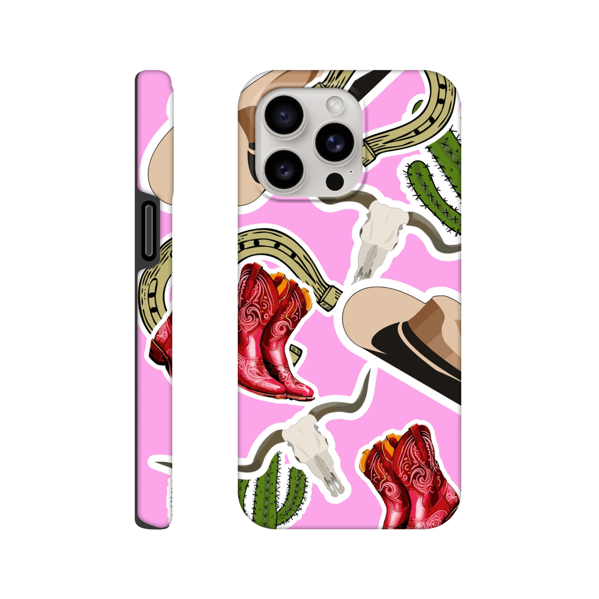 Pink western iPhone case featuring red cowboy boots, cactus, horseshoe, and cowboy hat desert motifs for drop resistance.